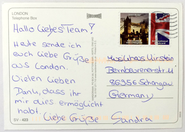 Sandras Postkarte an uns. Sandras Postkarte an uns.