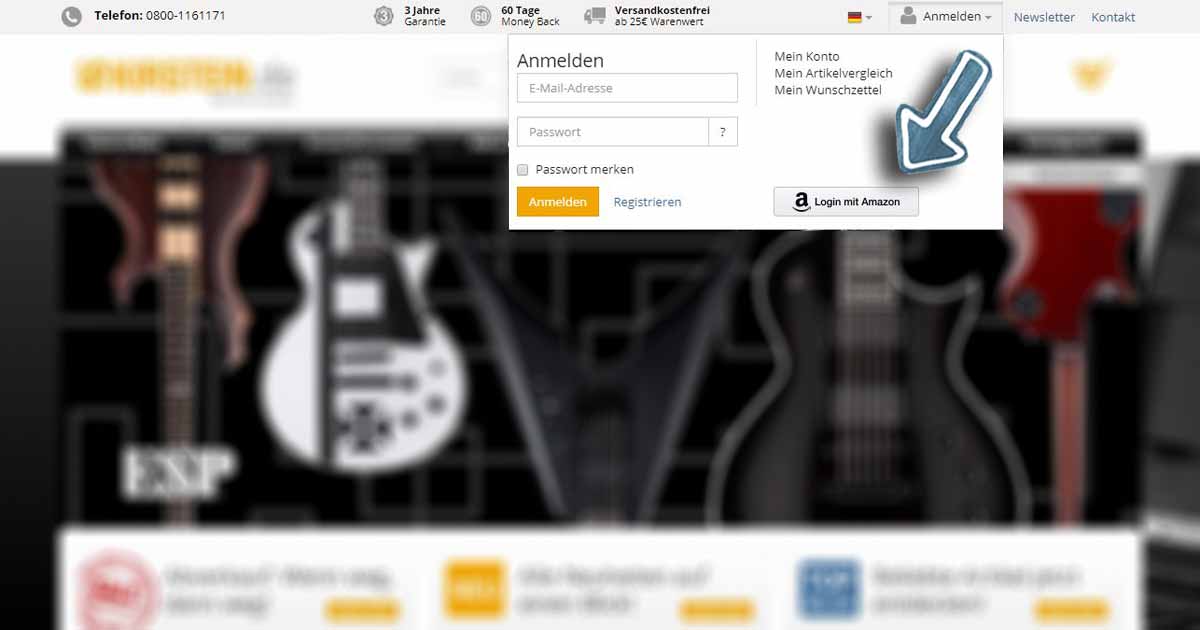 Wenn Du auf den „Anmelden“-Button klickst, wird Dir die Option geboten, Dich mit Amazon einzuloggen.