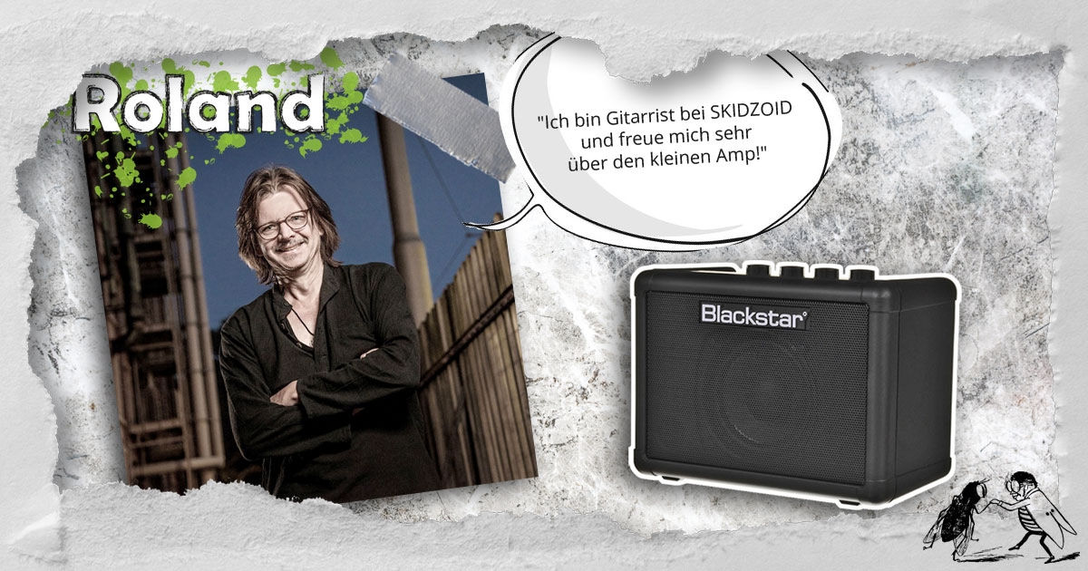 Roland aus Baden-Württemberg ist Gitarrist bei der Band SKIDZOID und hat einen Blackstar Fly3 Mini-Gitarren-Verstärker gewonnen.