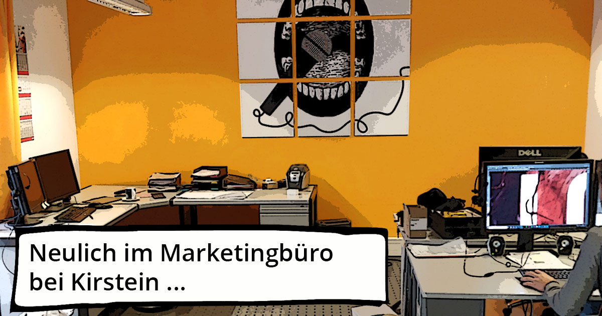 Kleine Dokumentation im Comic-Style zum Yamaha-Videodreh Digitalpiano Clavinova CVP-809 mit Susan Albers und Peter Baartmans im Musikhaus Kirstein in Schongau. Comic-Bild 1: Marketingbüro im Musikhaus Kirstein.