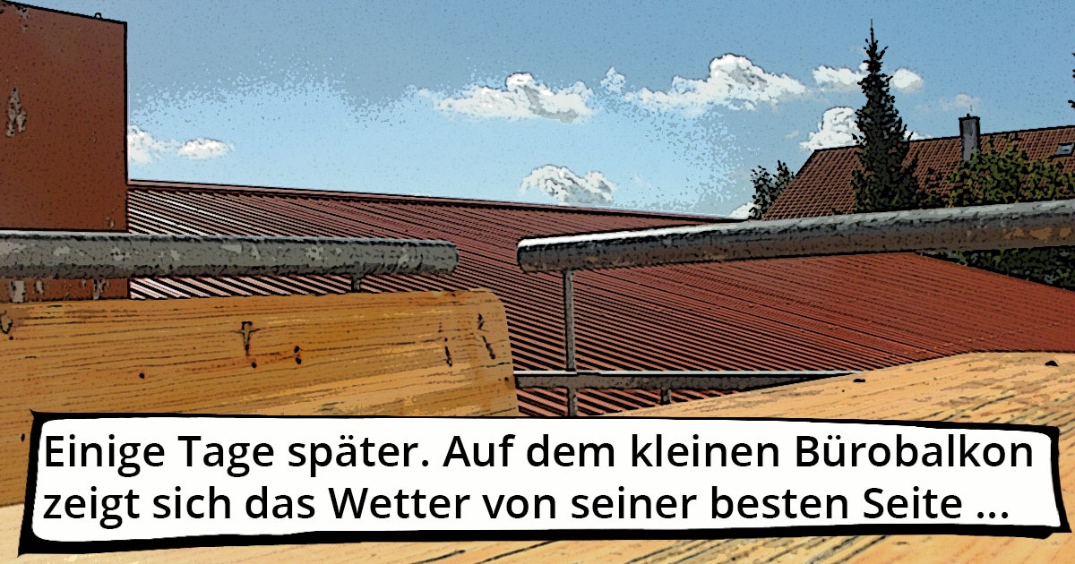 Kleine Dokumentation im Comic-Style zum Yamaha-Videodreh Digitalpiano Clavinova CVP-809 mit Susan Albers und Peter Baartmans im Musikhaus Kirstein in Schongau. Comic-Bild 4: Balkon bei Kirstein mit Sonnenwetter am Drehtag.