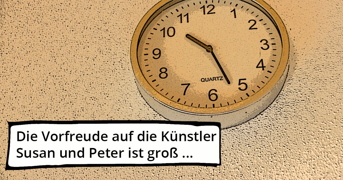 Kleine Dokumentation im Comic-Style zum Yamaha-Videodreh Digitalpiano Clavinova CVP-809 mit Susan Albers und Peter Baartmans im Musikhaus Kirstein in Schongau. Comic-Bild 5: Die Uhr zeigt kurz vor halb elf vormittags.