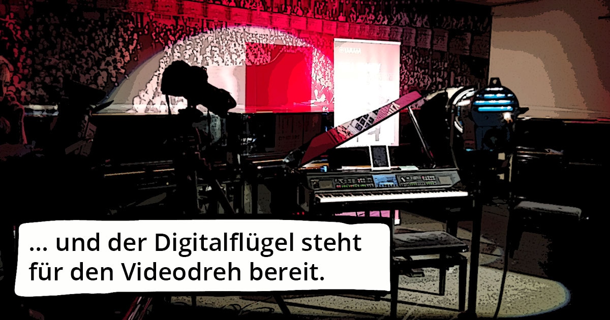 Kleine Dokumentation im Comic-Style zum Yamaha-Videodreh Digitalpiano Clavinova CVP-809 mit Susan Albers und Peter Baartmans im Musikhaus Kirstein in Schongau. Comic-Bild 6: Im Klavierraum steht der Digitalflügel mit Kameras zum Videodreh bereit.