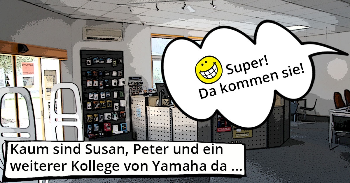 Kleine Dokumentation im Comic-Style zum Yamaha-Videodreh Digitalpiano Clavinova CVP-809 mit Susan Albers und Peter Baartmans im Musikhaus Kirstein in Schongau. Comic-Bild 7: Ankunft von Susan Albers und Peter Baartmans im Musikhaus Kirstein.