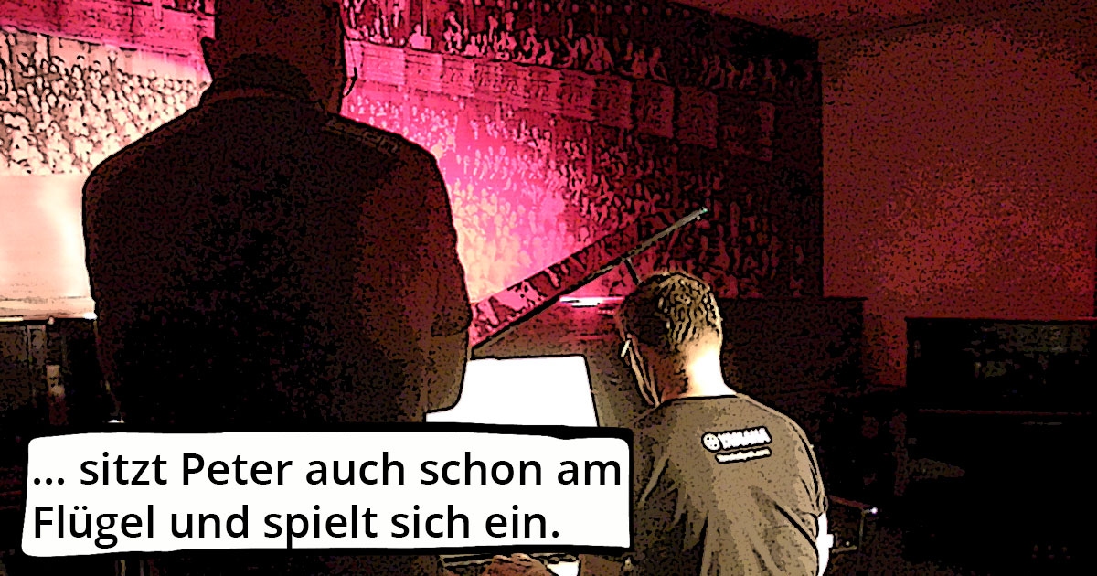 Kleine Dokumentation im Comic-Style zum Yamaha-Videodreh Digitalpiano Clavinova CVP-809 mit Susan Albers und Peter Baartmans im Musikhaus Kirstein in Schongau. Comic-Bild 8: Peter Baartmans spielt sich am CVP-809 ein.
