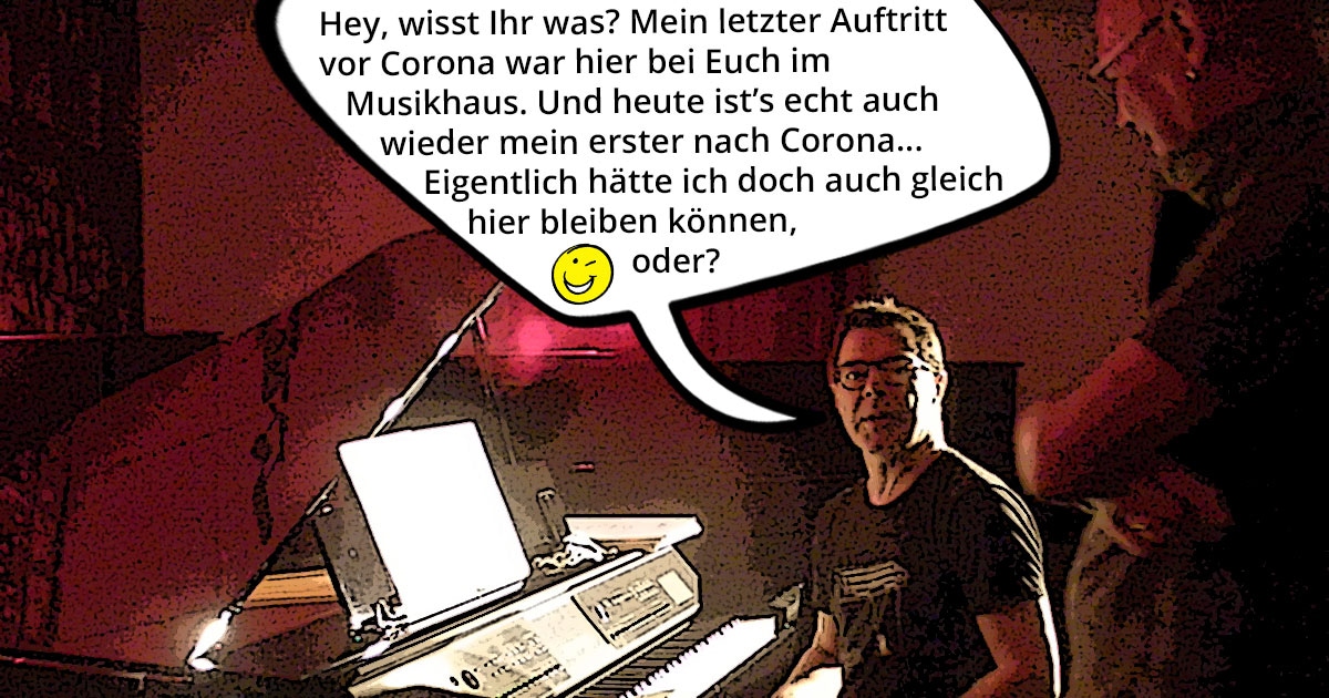 Kleine Dokumentation im Comic-Style zum Yamaha-Videodreh Digitalpiano Clavinova CVP-809 mit Susan Albers und Peter Baartmans im Musikhaus Kirstein in Schongau. Comic-Bild 10: Peter Baartmans erklärt, dass er seinen letzten Auftritt vor den Coronabeschränkungen im Musikhaus Kirstein hatte und es am heutigen Drehtag auch wieder sein allererster Auftritt nach den besonderen Coronabeschränkungen ist.