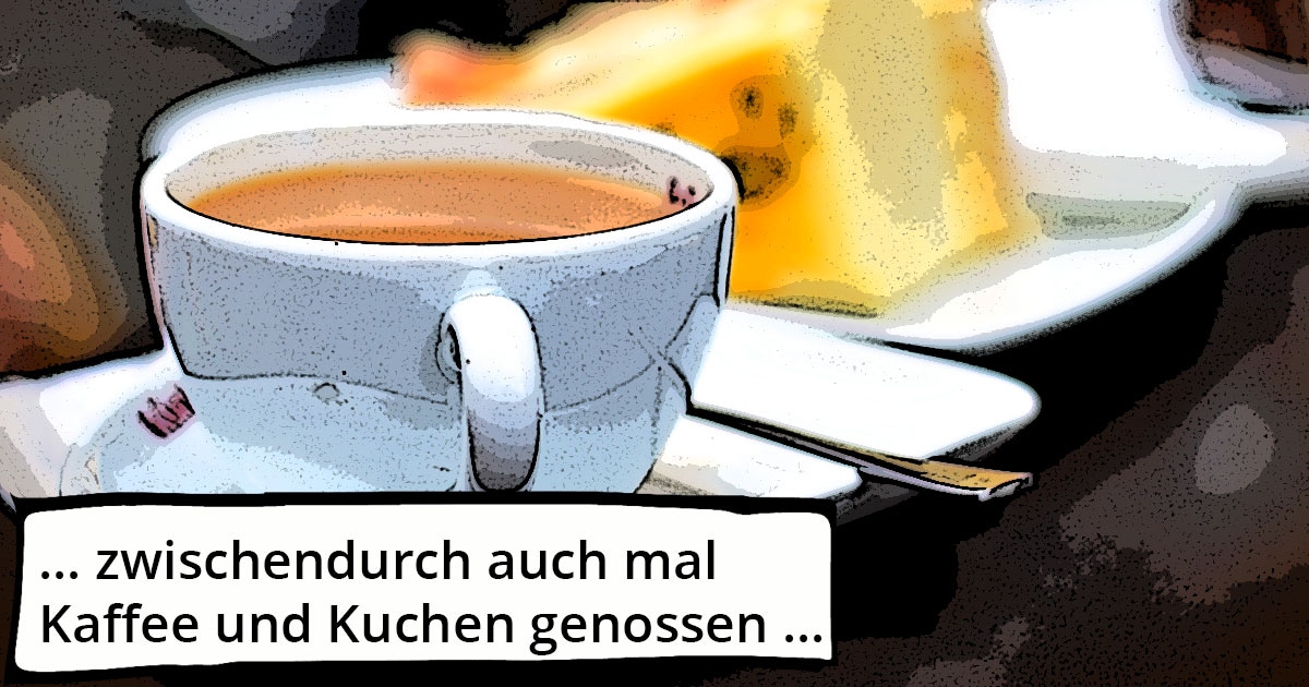 Kleine Dokumentation im Comic-Style zum Yamaha-Videodreh Digitalpiano Clavinova CVP-809 mit Susan Albers und Peter Baartmans im Musikhaus Kirstein in Schongau. Comic-Bild 16: Zwischendurch gibt es auch Kaffee und Kuchen.