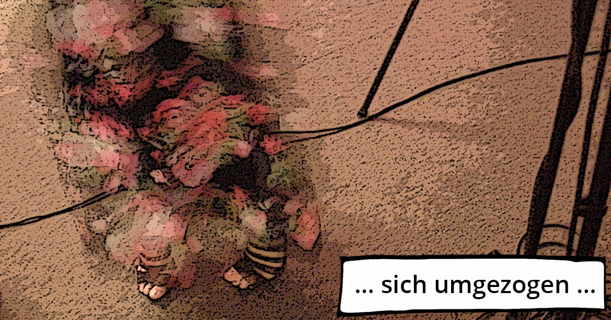 Kleine Dokumentation im Comic-Style zum Yamaha-Videodreh Digitalpiano Clavinova CVP-809 mit Susan Albers und Peter Baartmans im Musikhaus Kirstein in Schongau. Comic-Bild 17: Die Hauptdarsteller Susan und Peter ziehen sich für den Filmdreh um.
