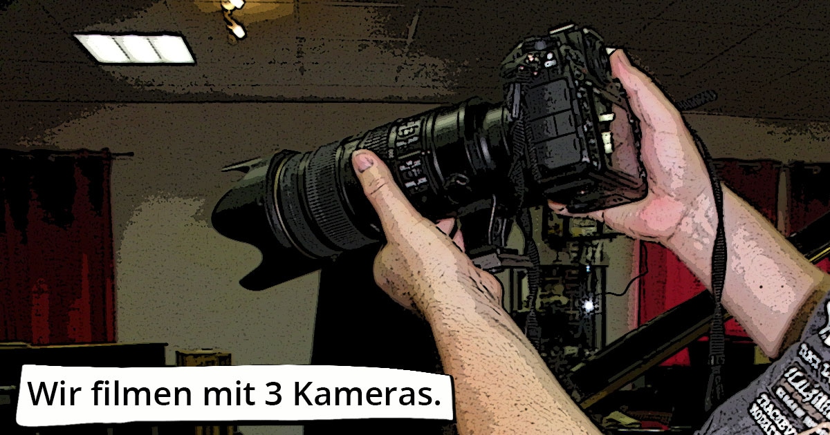 Kleine Dokumentation im Comic-Style zum Yamaha-Videodreh Digitalpiano Clavinova CVP-809 mit Susan Albers und Peter Baartmans im Musikhaus Kirstein in Schongau. Comic-Bild 19: Es wird mit drei Filmkameras gedreht.