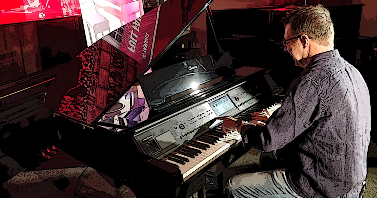 Kleine Dokumentation im Comic-Style zum Yamaha-Videodreh Digitalpiano Clavinova CVP-809 mit Susan Albers und Peter Baartmans im Musikhaus Kirstein in Schongau. Comic-Bild 29: Nahaufnahme von Peter Baartmans am Yamaha Digitalflügel.