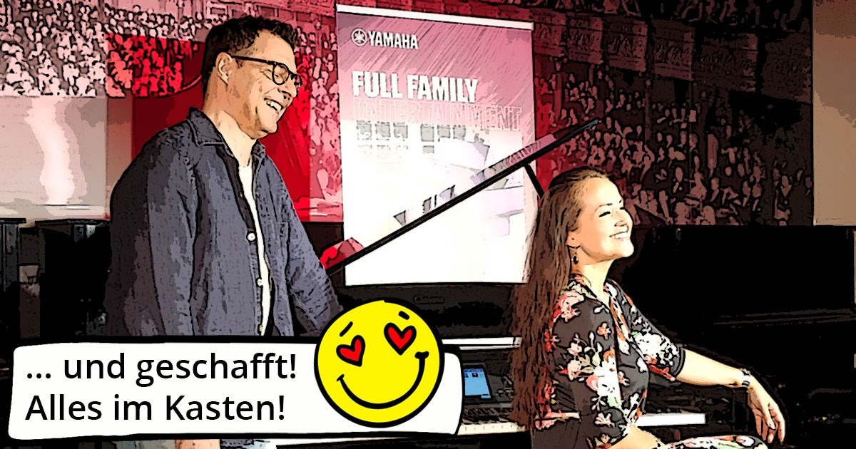 Kleine Dokumentation im Comic-Style zum Yamaha-Videodreh Digitalpiano Clavinova CVP-809 mit Susan Albers und Peter Baartmans im Musikhaus Kirstein in Schongau. Comic-Bild 31: Peter und Susan schauen glücklich in die Kamera, der Videodreh ist im Kasten!