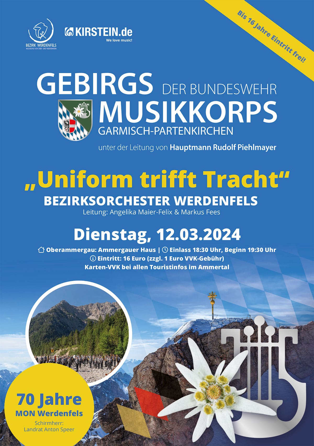 Flyer Jubiläumskonzert Uniform trifft Tracht. Bezirksorchester MON Werdenfels.