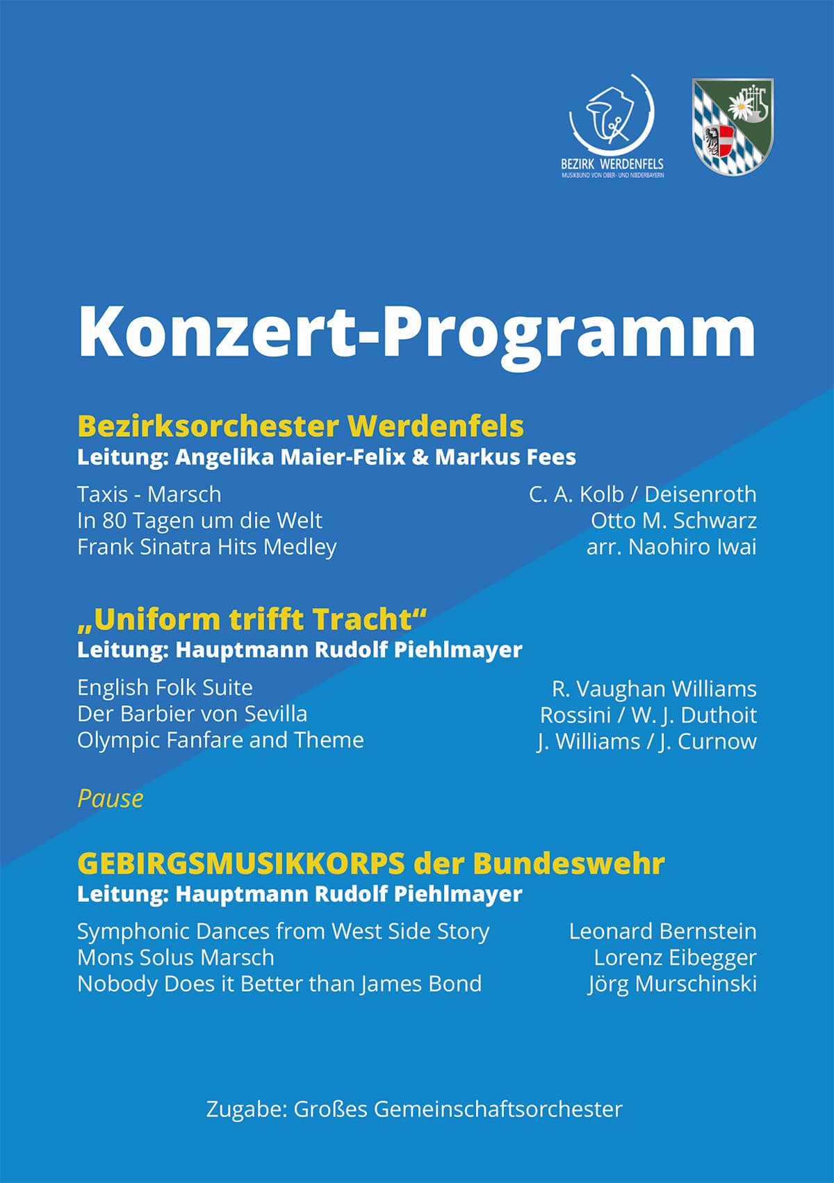 Programm Jubiläumskonzert Uniform trifft Tracht. Bezirksorchester MON Werdenfels, Gebirgsmusikkorps der Bundeswehr.