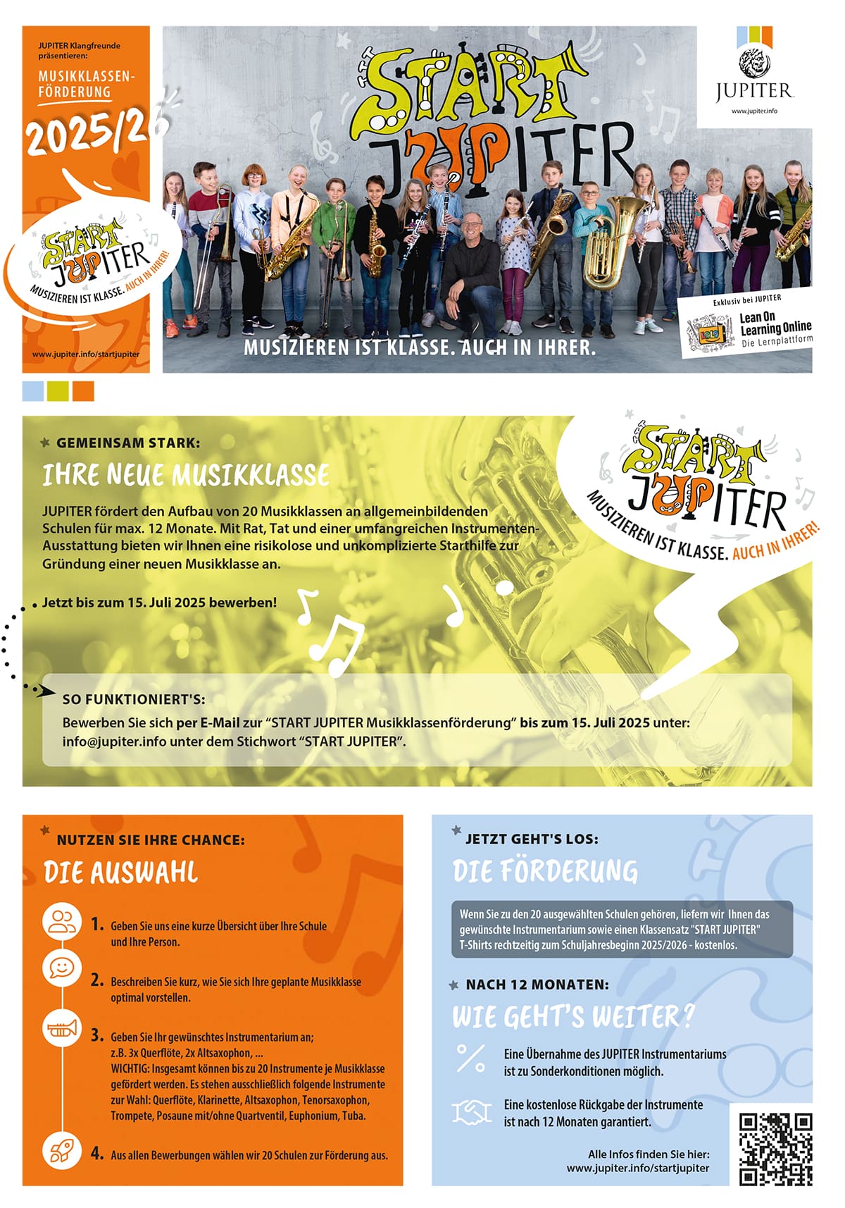 Flyer zur START JUPITER Musikklassenförderung. Informationen zur Bewerbung und zur Förderung von Bläserklassen.