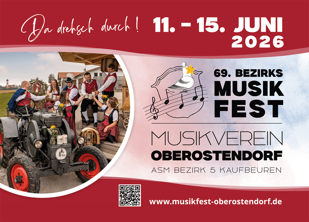 Flyer Bezirksmusikfest Oberostendorf. 11.-15. Juni 2026. Da drehsch durch! Mir QR-Code.