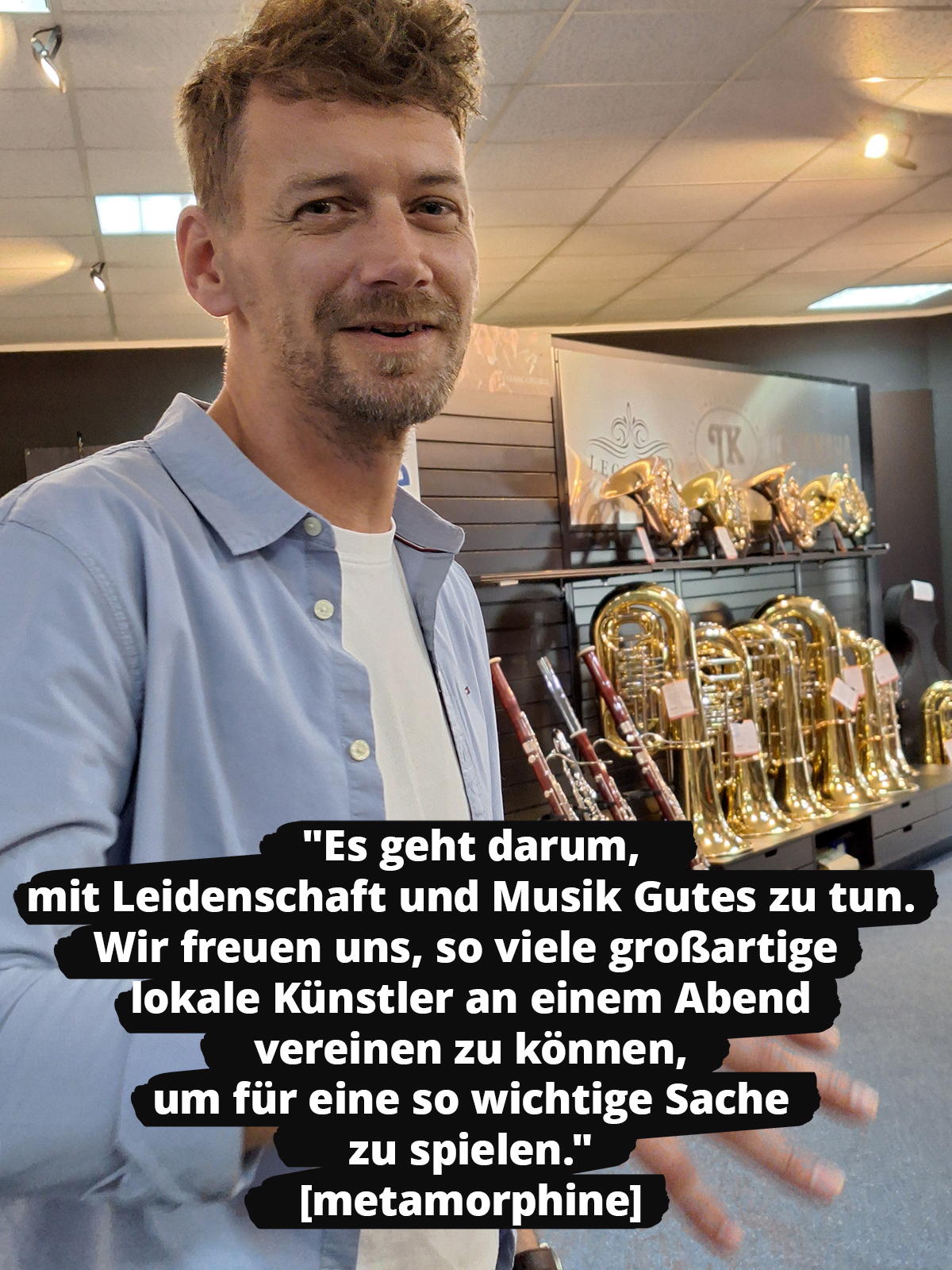 David von der Band metamorphine im Musikhaus Kirstein. Er erklärt, warum das Projekt so wichtig ist.
