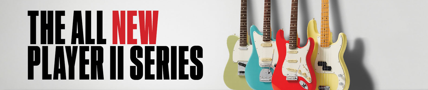 Diferentes guitarras eléctricas y bajos eléctricos de colores de la serie Fender Player II