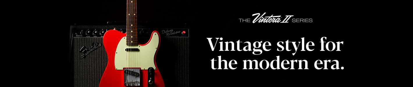 Banner con tres guitarras eléctricas y un bajo eléctrico sobre fondo blanco