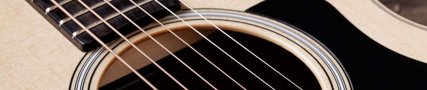 Detailaufnahme mit Fokus auf den Gitarrensaiten einer hochwertigen Taylor Guitars Westerngitarre