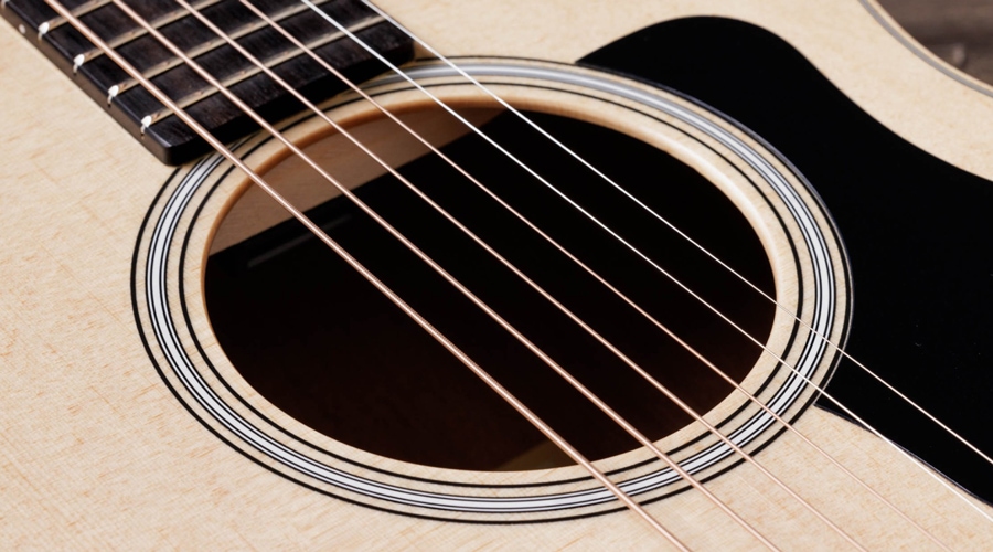 Detailaufnahme mit Fokus auf den Gitarrensaiten einer hochwertigen Taylor Guitars Westerngitarre mobil