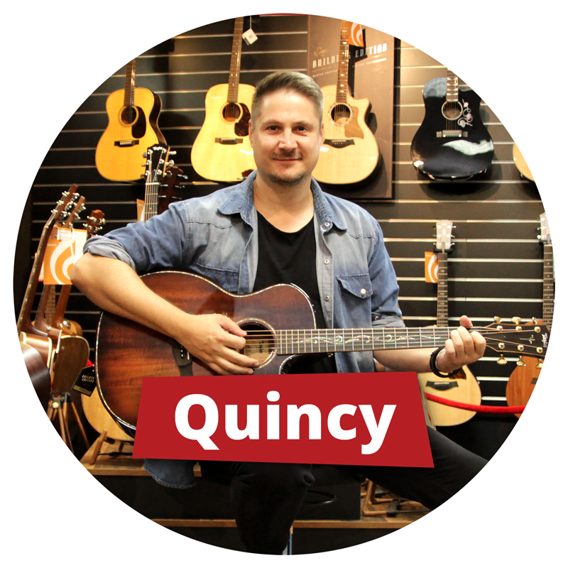 Quincy vom Musikhaus Kirstein in der Gitarrenabteilung zwischen vielen Taylor Westerngitarren