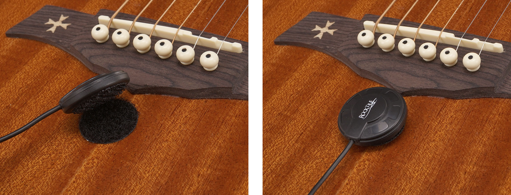 Einfacher piezoelektrischer Tonabnehmer, der mithilfe eines Klettsystems direkt auf dem Gitarrenkorpus aufgebracht wird.