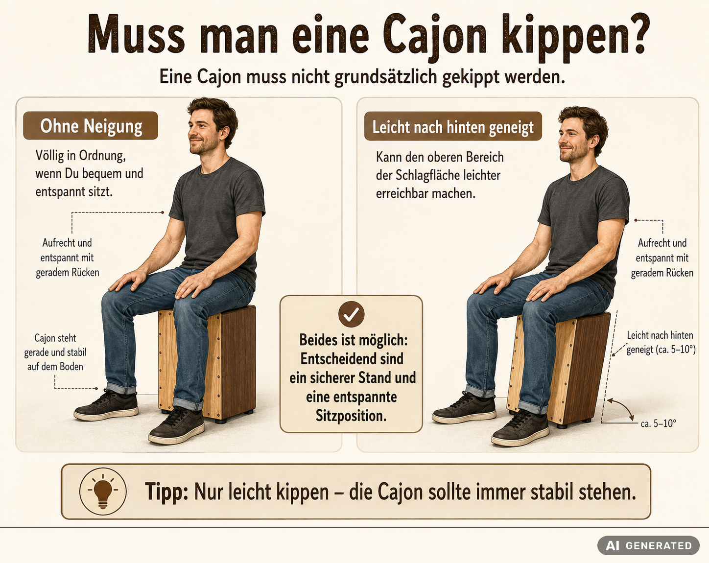 Grafische Darstellung: Cajon kippen. Die Grafik wurde mithilfe von KI erstellt.