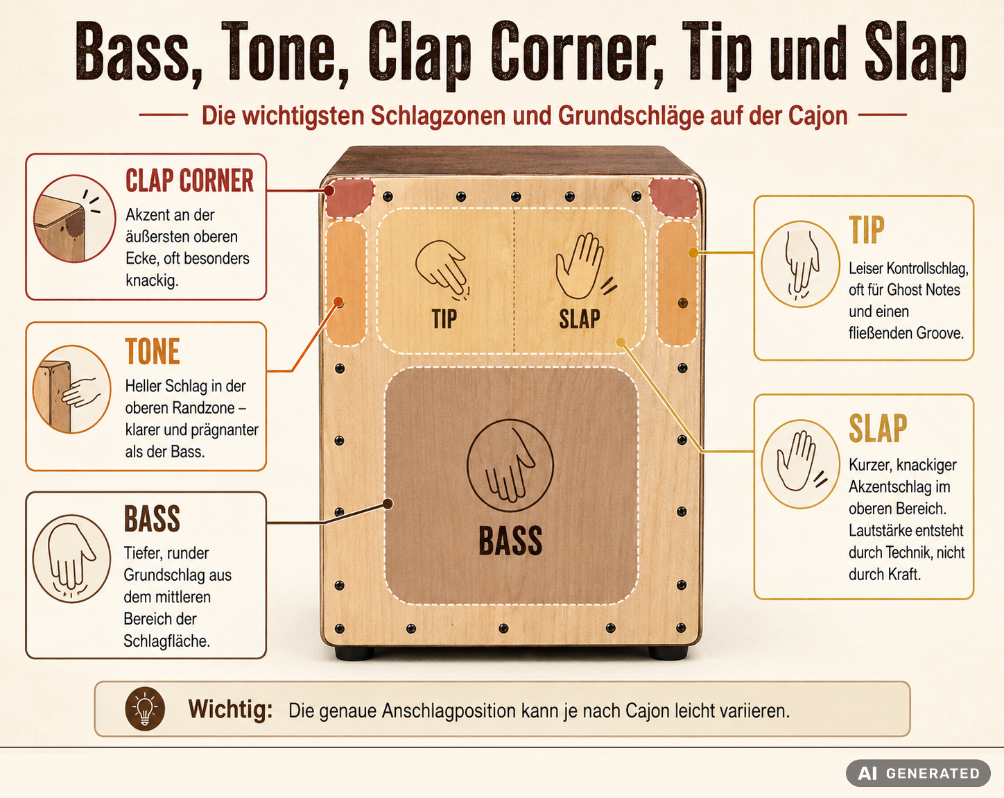 Grafische Darstellung von Schlagzonen und Grundschlägen auf der Cajon. Die Grafik wurde mithilfe von KI erstellt.