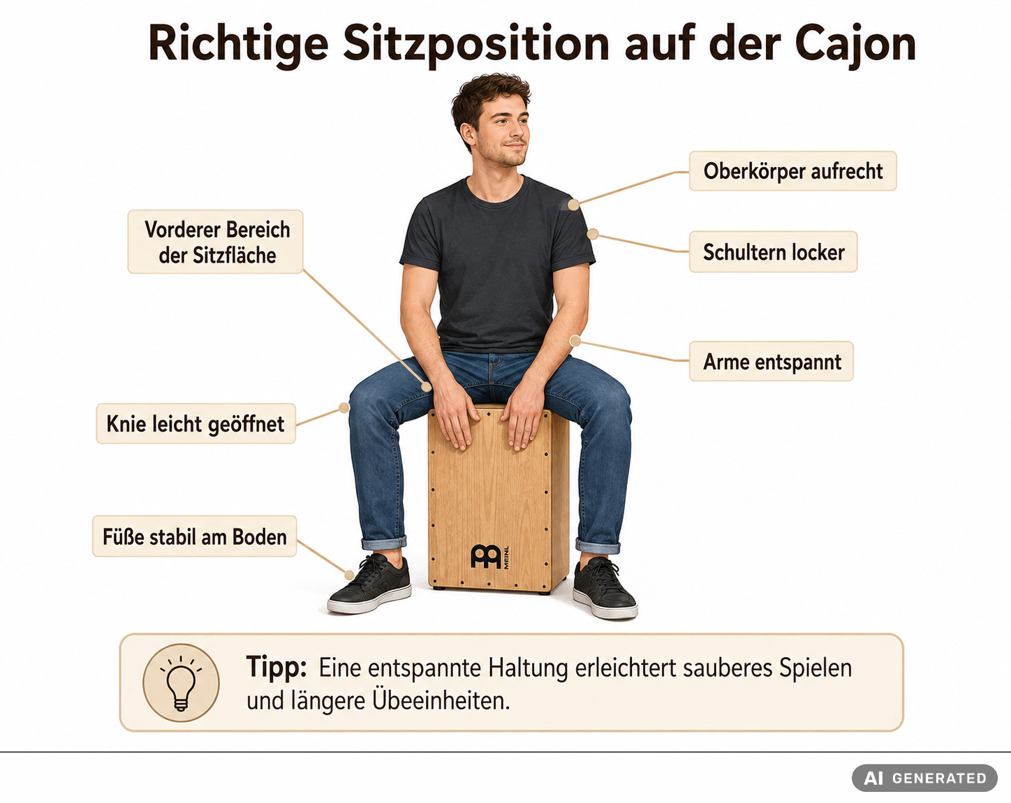 Grafische Darstellung: die richtige Sitzposition auf der Cajon. Die Grafik wurde mithilfe von KI erstellt.