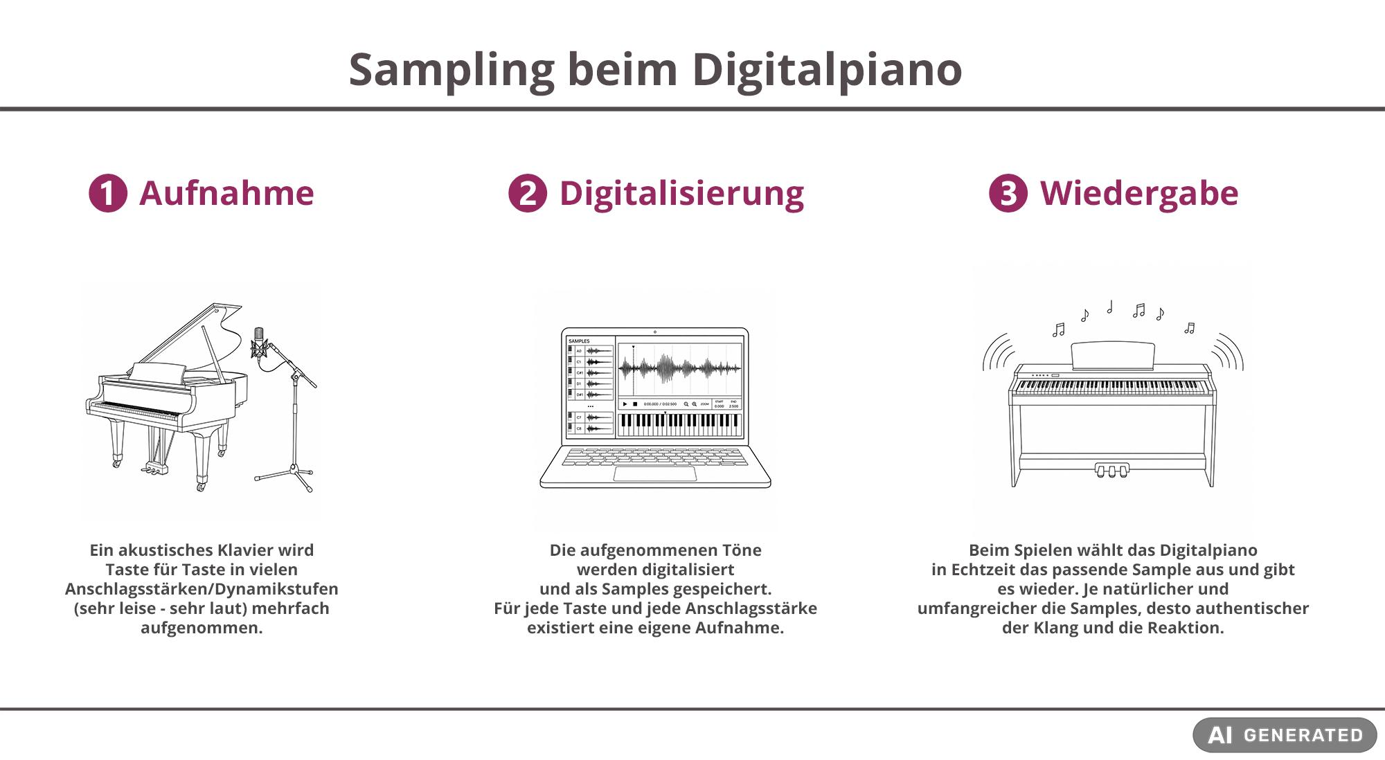 Grafische Darstellung mit Erklärung: Sampling beim Digitalpiano. Die Grafik wurde mithilfe von KI erstellt.