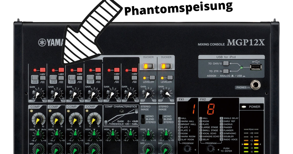 Phantomspeisung beim 12-Kanal-Mischpult Yamaha MGP12X.