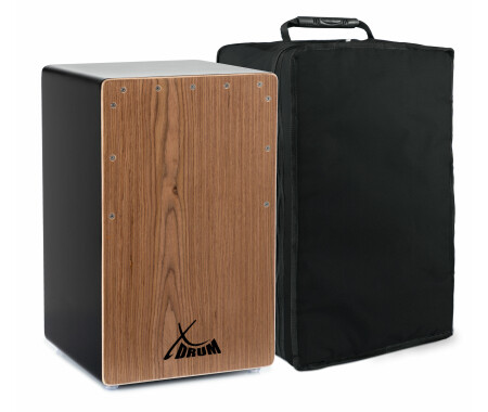 XDrum Cajon El Bajo Bass Port Black/Walnut Set - Cajón con Bass Port, superficies de golpeo con chapa de madera noble y alfombra de caja instalada, incl. funda y escuela de cajón