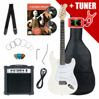Pack Rocktile Banger's Set Guitares Électriques White incl. Amplificateur, Housse, Accordeur, Câble, Sangle, Cordes et Cours incl. CD/DVD 
