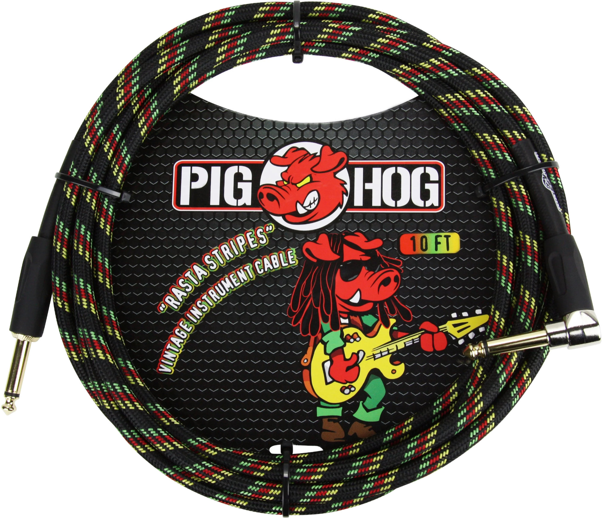 Pig Hog "Rasta Stripes" Instrumentenkabel 3m Winkel