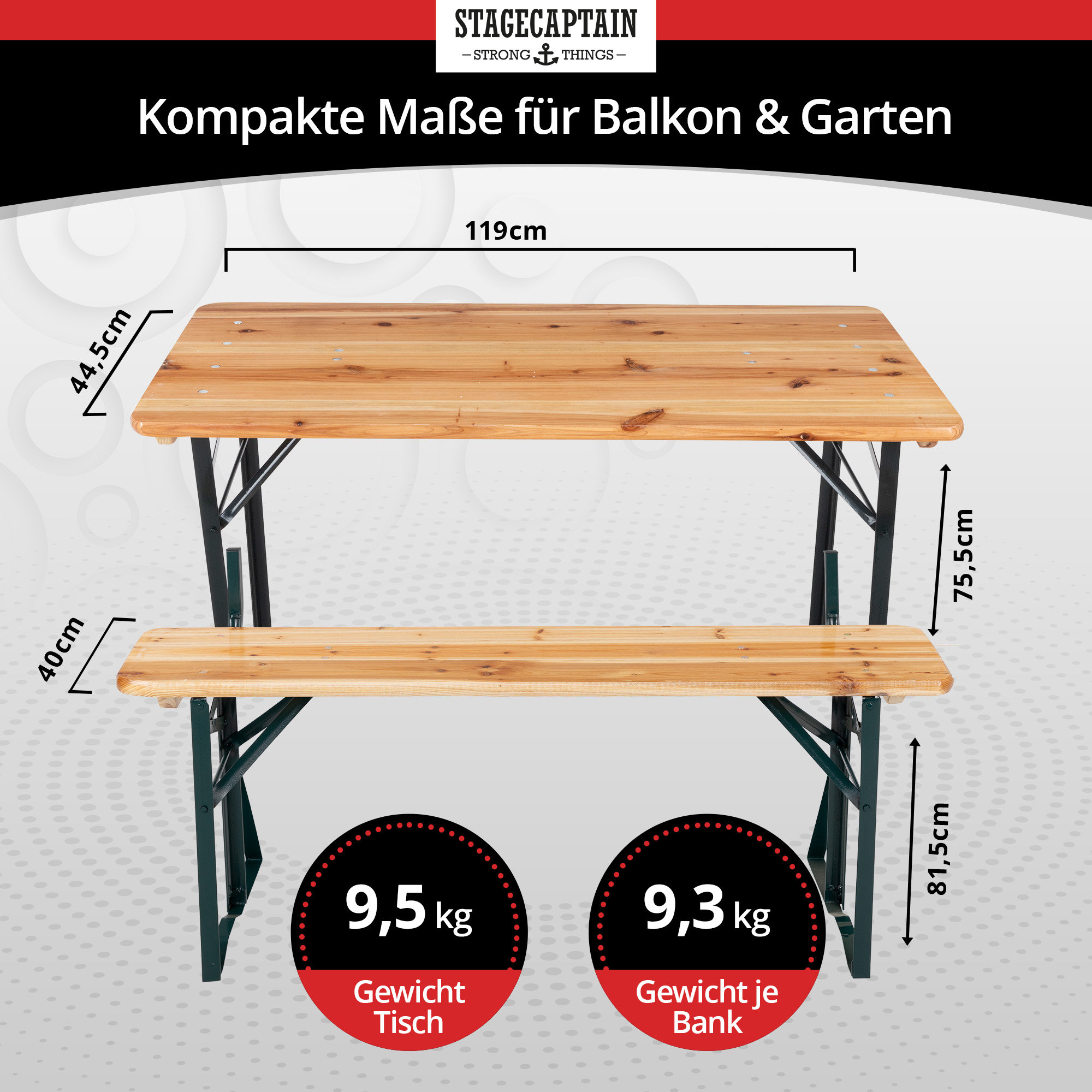 Set Birreria Pieghevole Tavolo 2 Panche 180x60x75 cm in Legno Naturale
