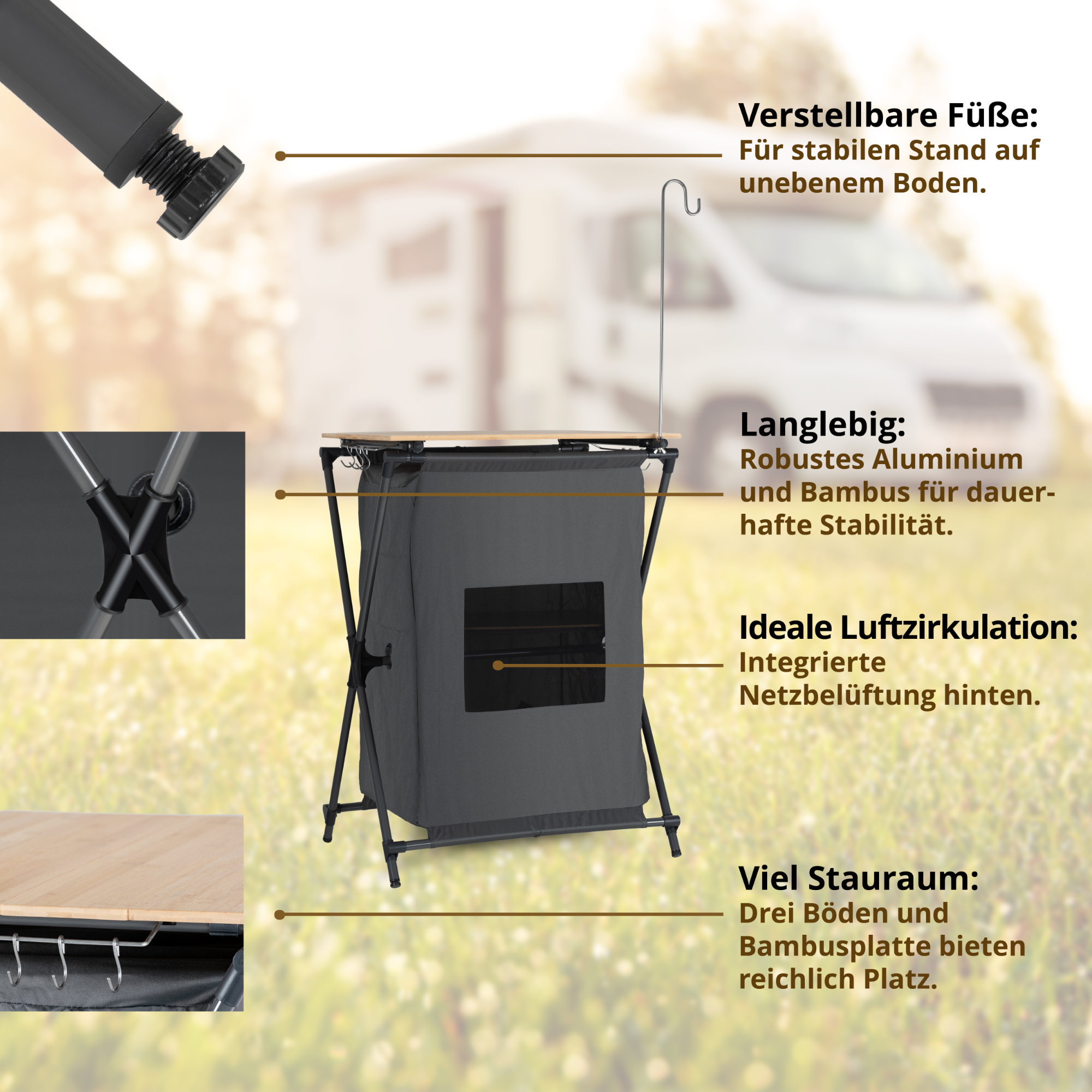 Armadio Da Campeggio Pieghevole Stagecaptain CSB-85 Con Piano In Bambù | Struttura Alluminio | Per Camper, Giardino, Casa