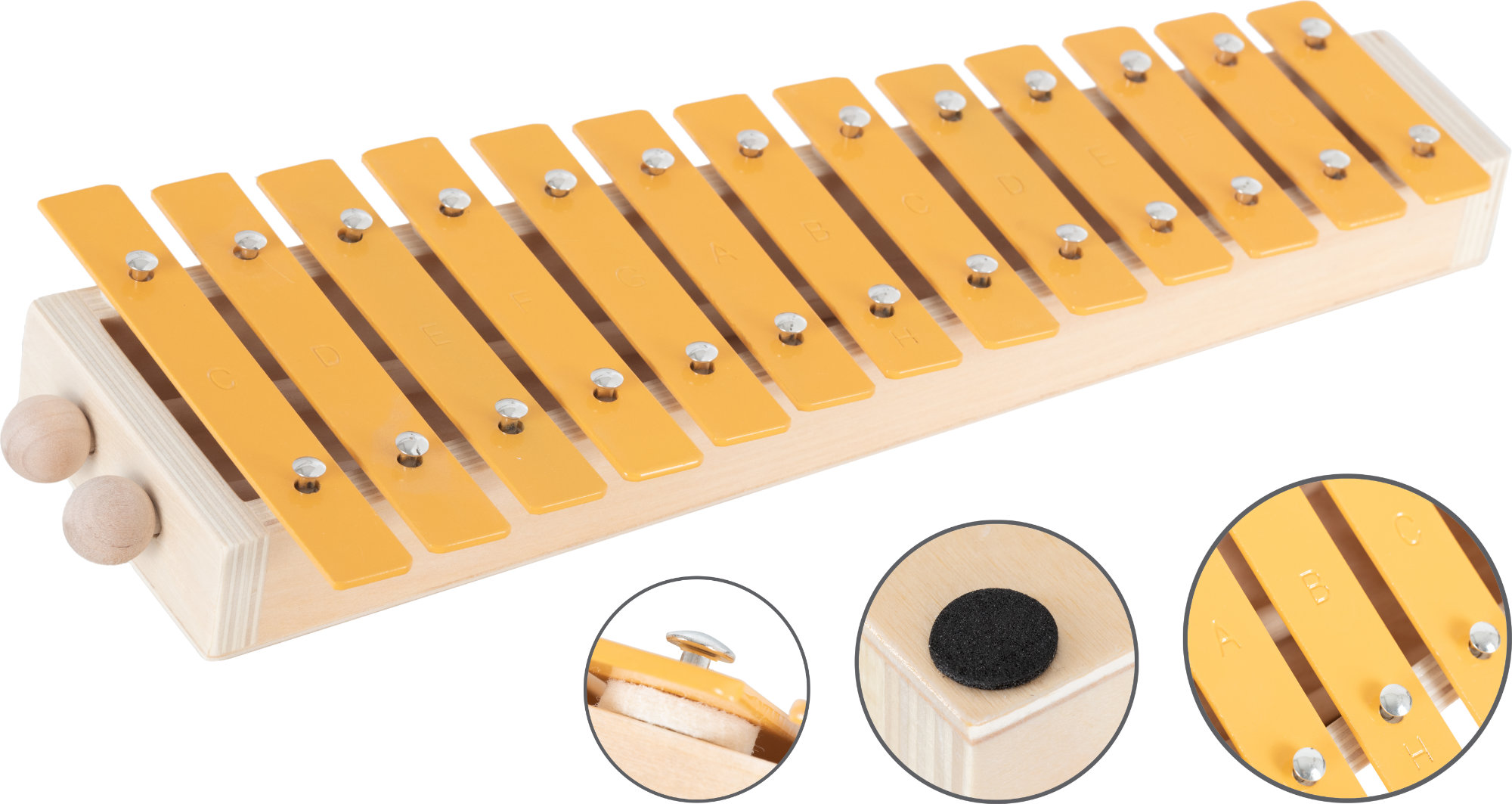 Witziges Glockenspiel in C-Dur für Kinder mit gelben Klangplatten und 2 Schlägel - Produktbild 3