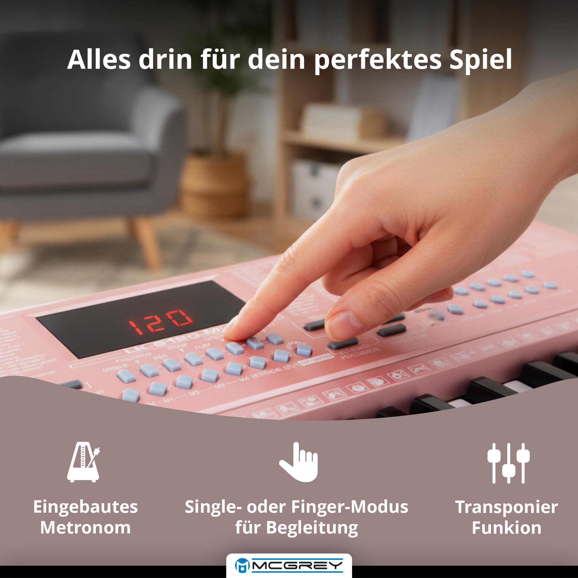 McGrey LK-6120-MIC Keyboard Con Microfono E Set Di Cuffie Per Bambini - Tastiera Per Principianti Con 61 Tasti Luminosi - 255 Suoni E 255 Ritmi - 50 Brani Demo - Microfono E - 4