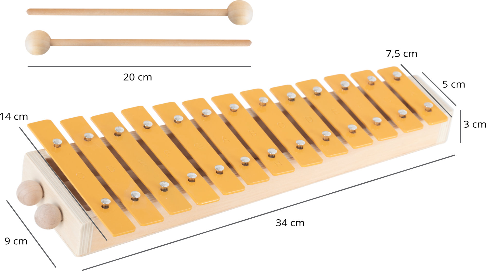 Witziges Glockenspiel in C-Dur für Kinder mit gelben Klangplatten und 2 Schlägel - Produktbild 4